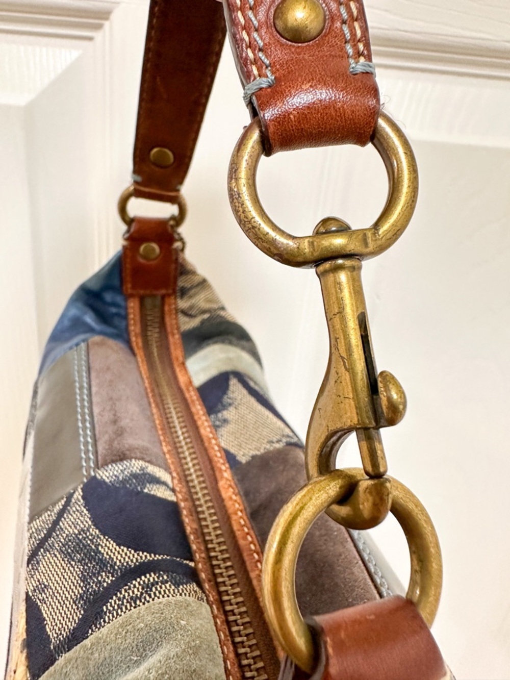 Coach Denim Patchwork Demi Bag Blue Multi Leather Trim Baguette Vintage Y2K - Picture 12 of 14